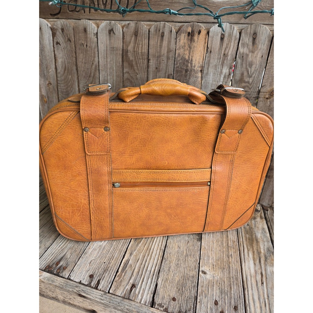 Vintage Tan Faux Leather Carry On‎ Luggage Travel Bag Weekend Bag